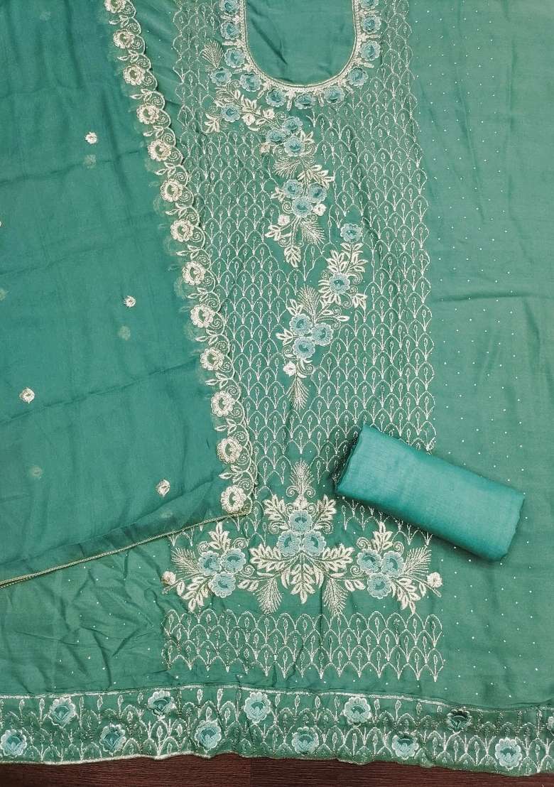 Sea Green Embroidered Georgette Straight Kurta Set - Indya