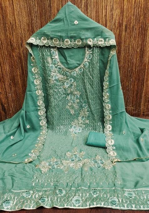 Sea Green Embroidered Georgette Straight Kurta Set