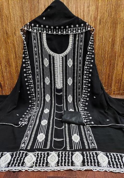 Black Embroidered Georgette Dress Material