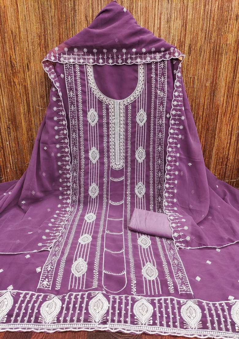 Lavender Embroidered Georgette Straight Kurta Set - Indya