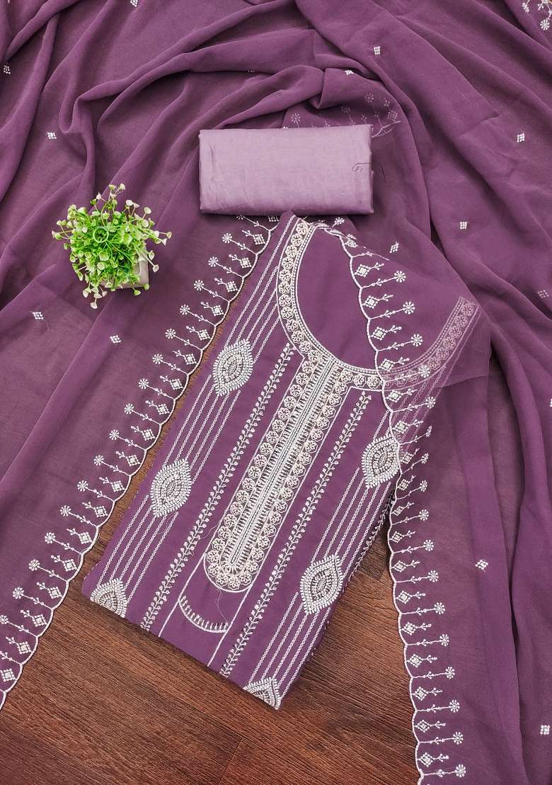 Lavender Embroidered Georgette Straight Kurta Set - Indya