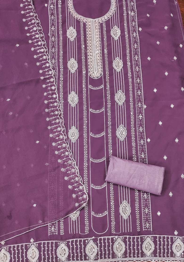 Lavender Embroidered Georgette Straight Kurta Set - Indya