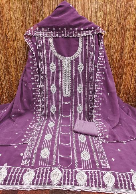 Lavender Embroidered Georgette Straight Kurta Set