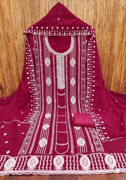 Magenta Embroidered Georgette Straight Kurta Set