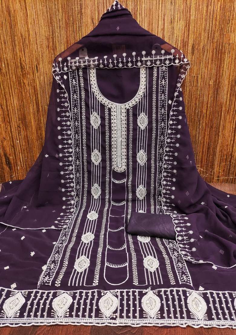Purple Embroidered Georgette Straight Kurta Set - Indya