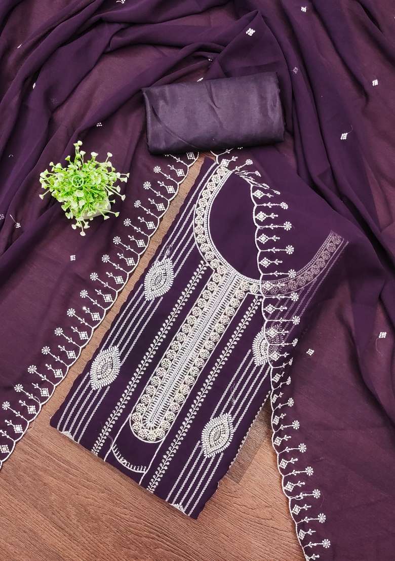 Purple Embroidered Georgette Straight Kurta Set - Indya