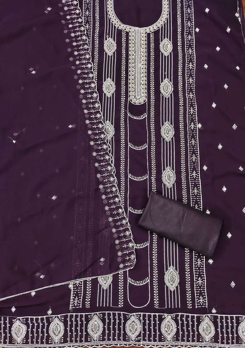 Purple Embroidered Georgette Straight Kurta Set - Indya