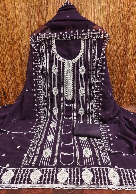 Purple Embroidered Georgette Straight Kurta Set