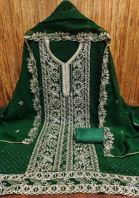Green Zari Work Georgette Straight Kurta Set