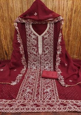 Maroon Embroidered Georgette Dress Material