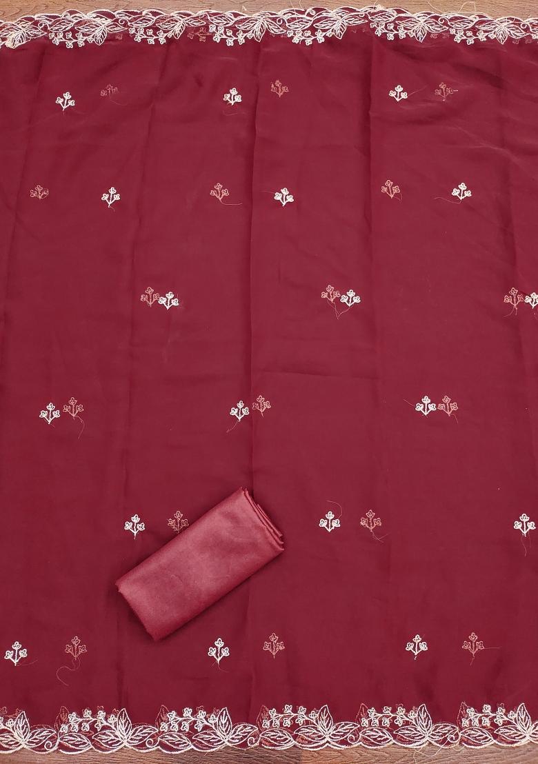 Maroon Embroidered Georgette Dress Material - Indya