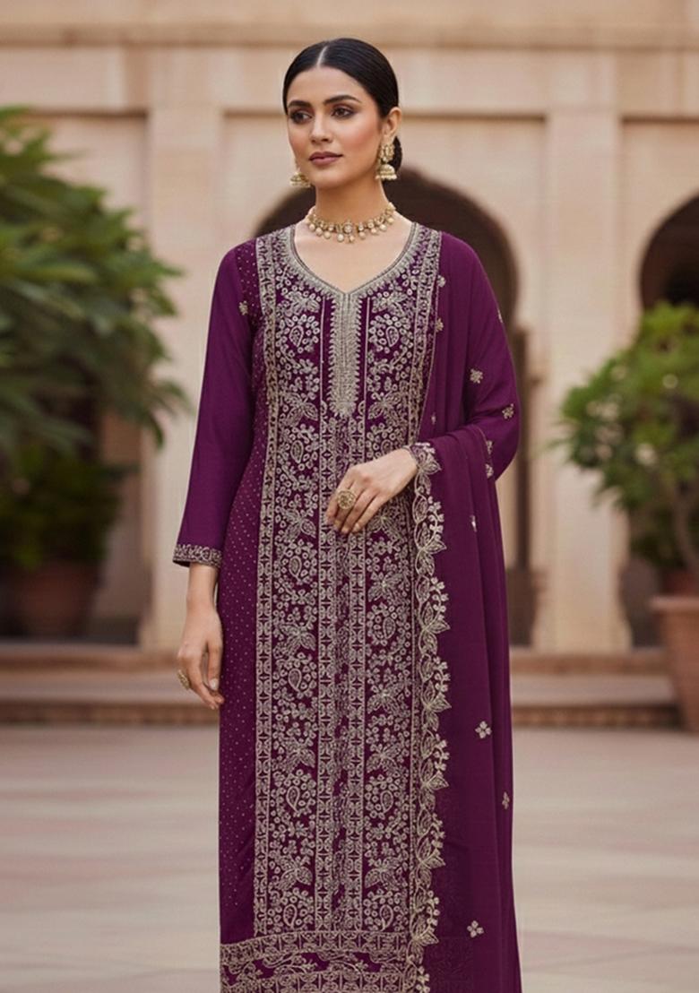 Purple Embroidered Georgette Dress Material - Indya