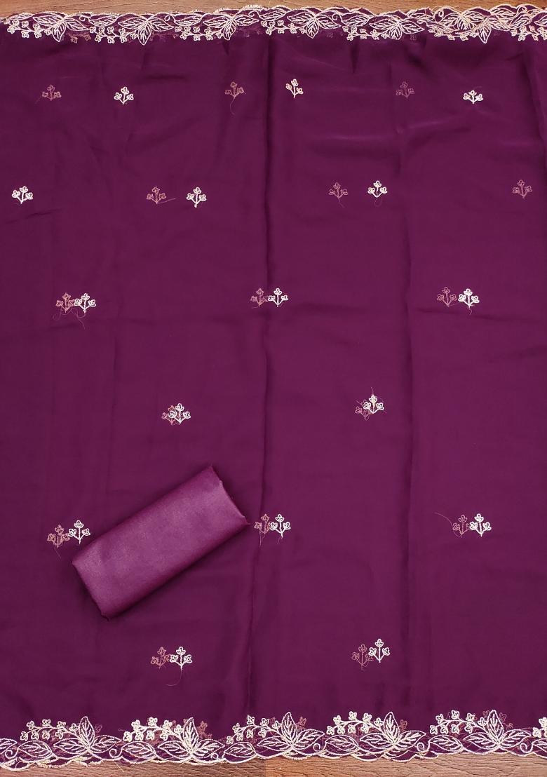 Purple Embroidered Georgette Dress Material - Indya