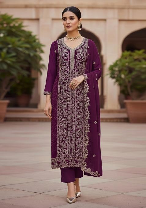 Purple Embroidered Georgette Dress Material