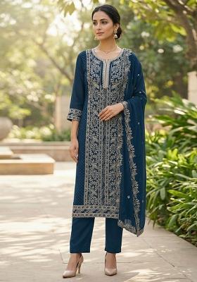 Teal Blue Embroidered Georgette Dress Material