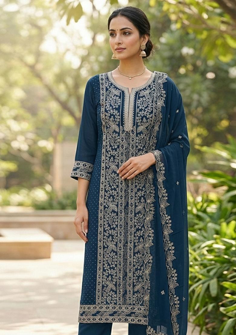 Teal Blue Embroidered Georgette Dress Material - Indya