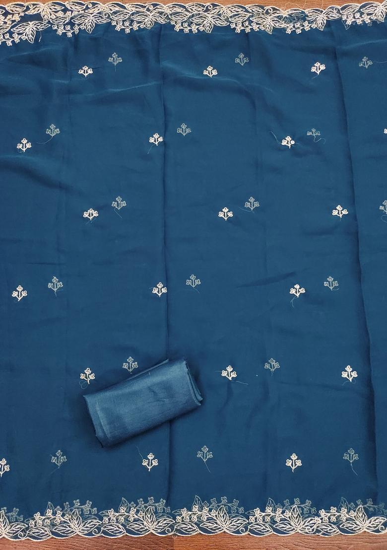 Teal Blue Embroidered Georgette Dress Material - Indya