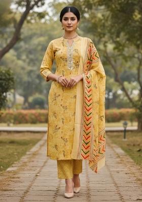 Beige Embroidered Cotton Blend Dress Material
