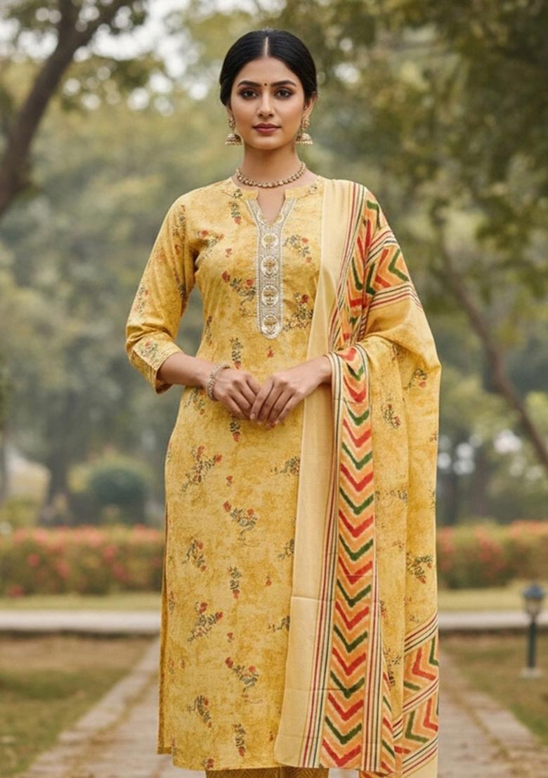 Beige Embroidered Cotton Blend Dress Material - Indya