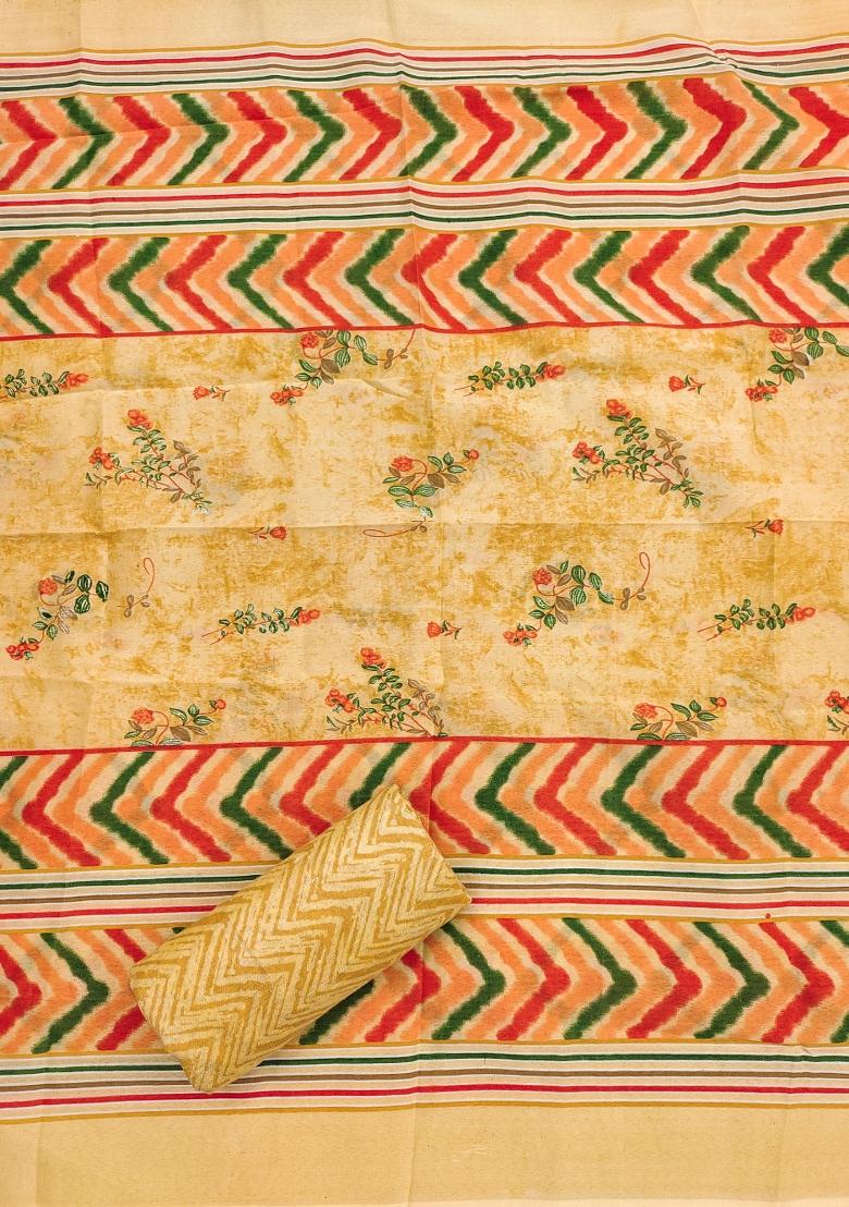 Beige Embroidered Cotton Blend Dress Material - Indya