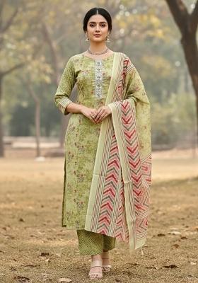 Green Embroidered Cotton Blend Dress Material