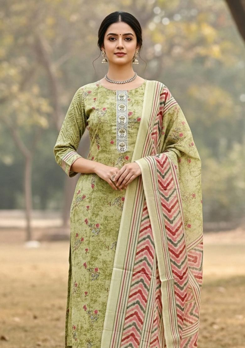 Green Embroidered Cotton Blend Dress Material - Indya