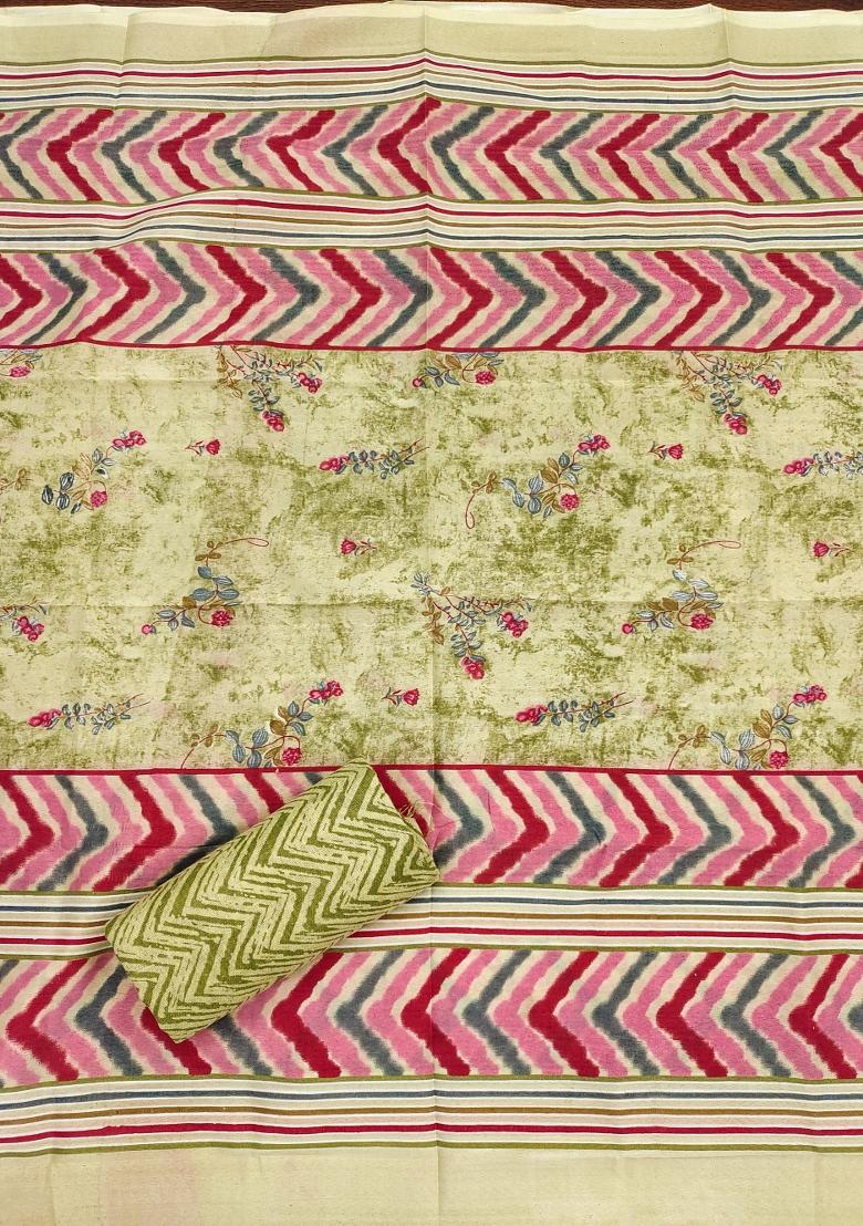 Green Embroidered Cotton Blend Dress Material - Indya