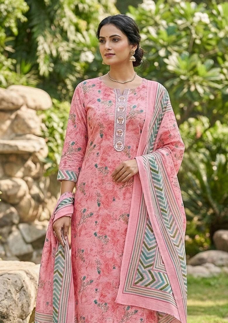 Pink Embroidered Cotton Blend Dress Material - Indya