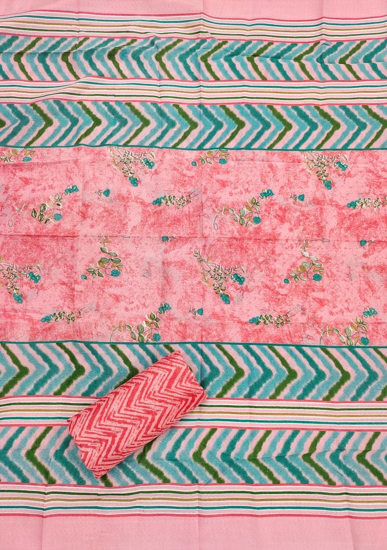 Pink Embroidered Cotton Blend Dress Material - Indya