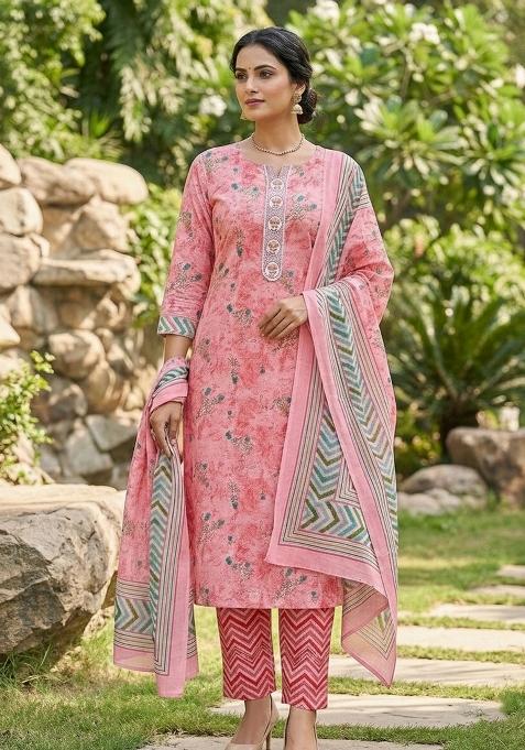 Pink Embroidered Cotton Blend Dress Material
