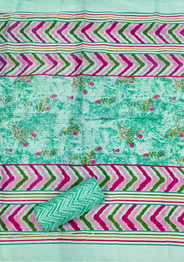 Sea Green Embroidered Cotton Blend Dress Material - Indya