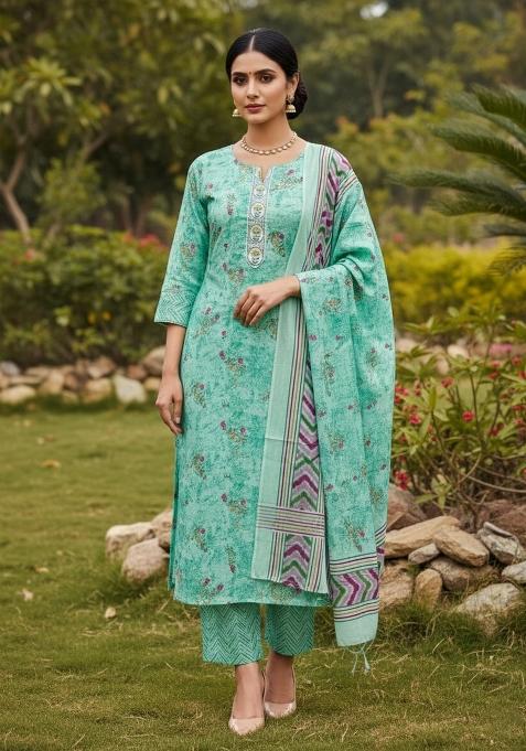 Sea Green Embroidered Cotton Blend Dress Material