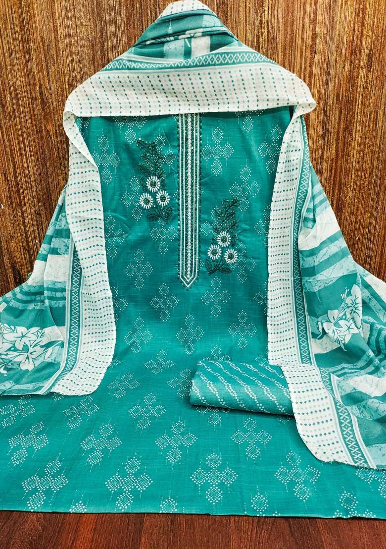 Sea Green Embroidered Cotton Straight Kurta Set - Indya
