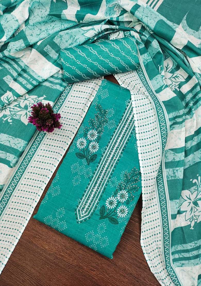 Sea Green Embroidered Cotton Straight Kurta Set - Indya