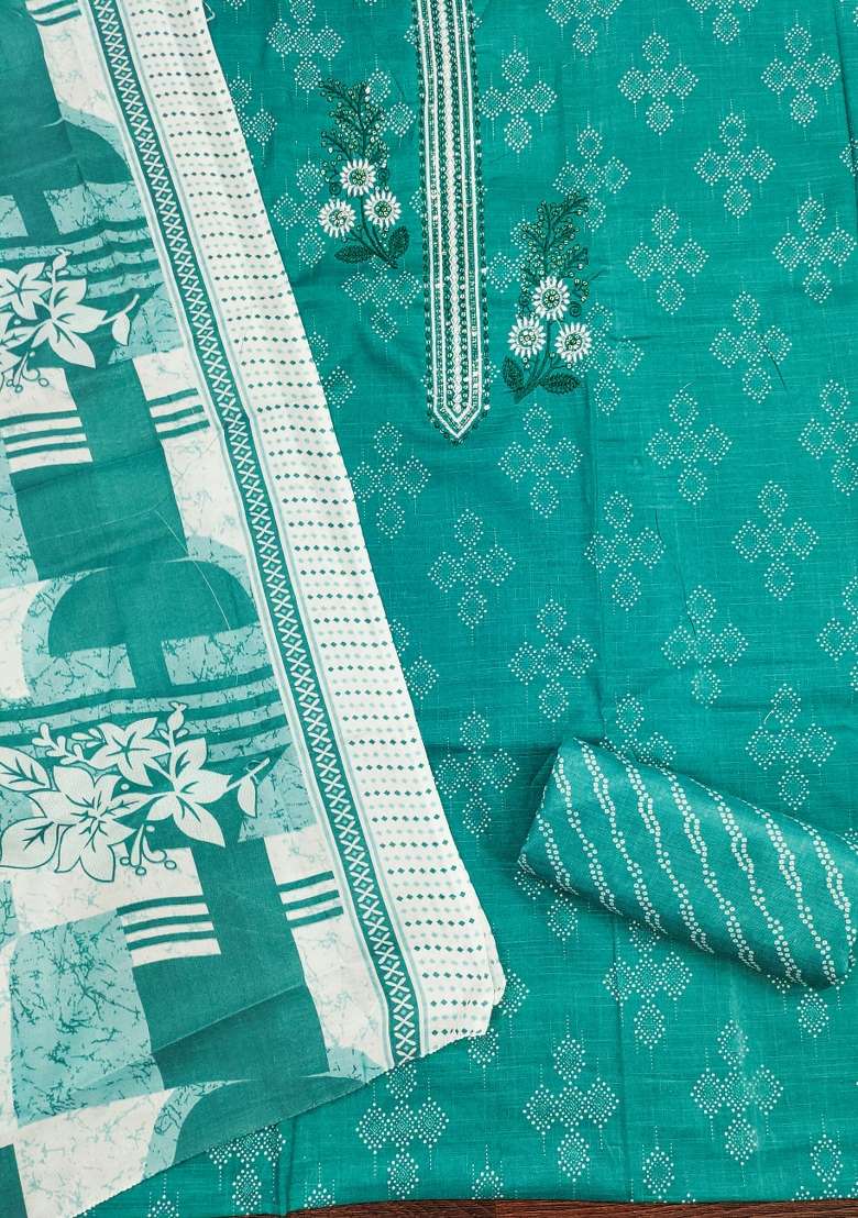 Sea Green Embroidered Cotton Straight Kurta Set - Indya