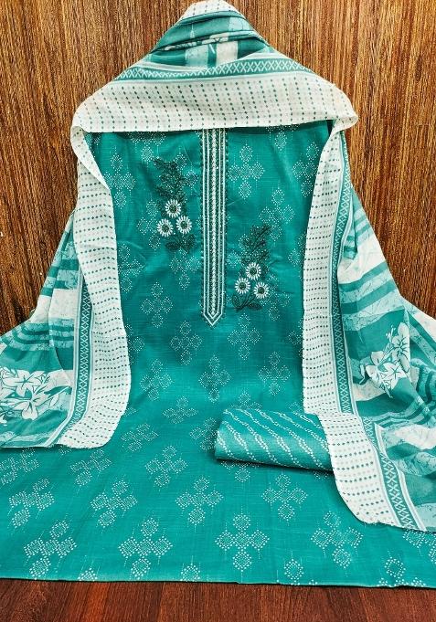 Sea Green Embroidered Cotton Straight Kurta Set
