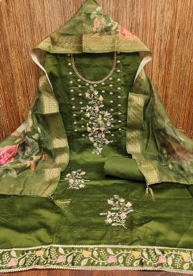 Green Embroidered Cotton Blend Dress Material