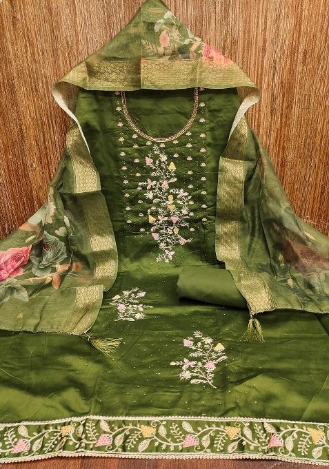 Green Embroidered Cotton Blend Dress Material