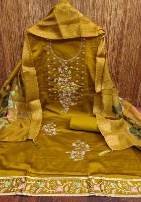 Light Green Embroidered Cotton Blend Dress Material