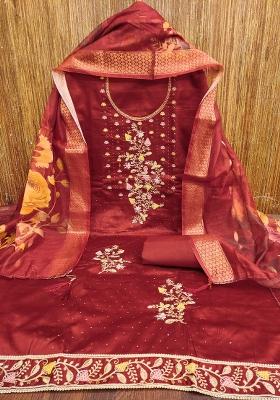 Maroon Embroidered Cotton Blend Dress Material