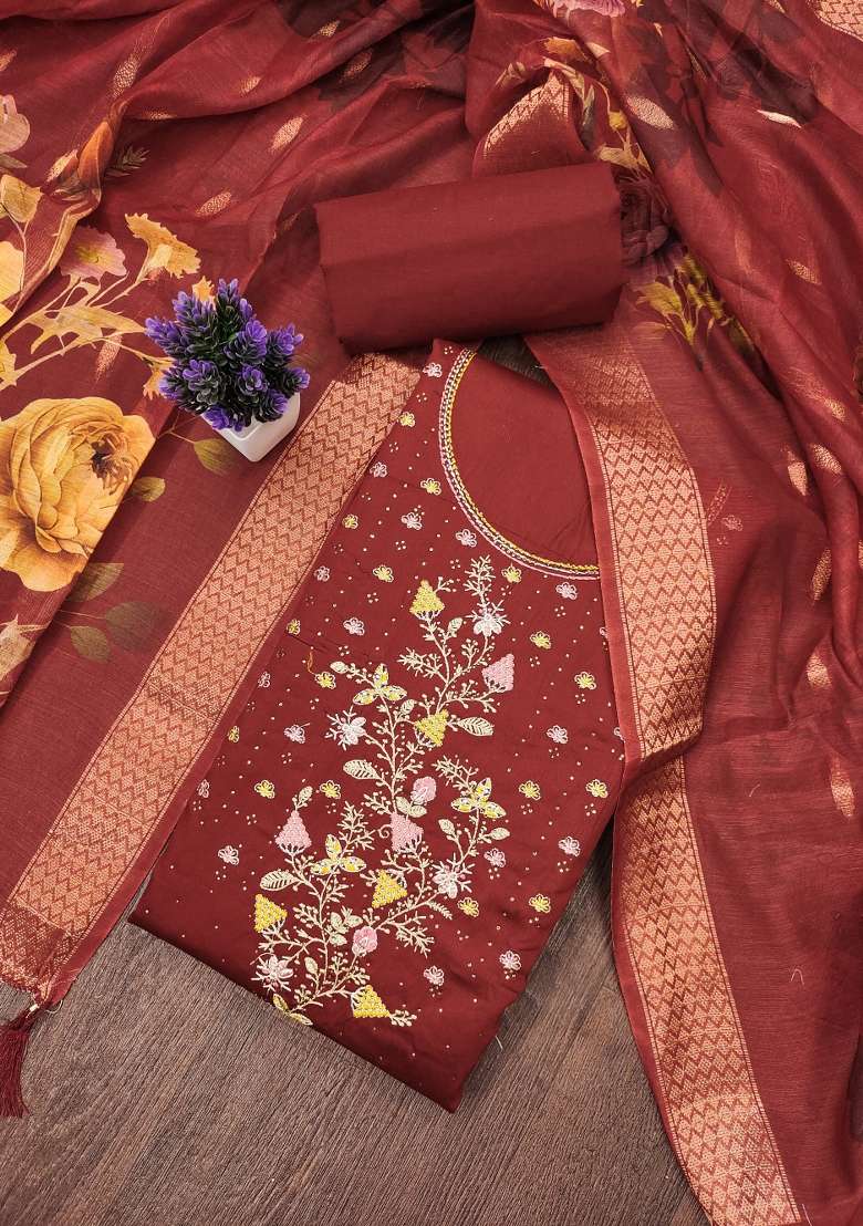 Maroon Embroidered Blended Straight Kurta Set - Indya