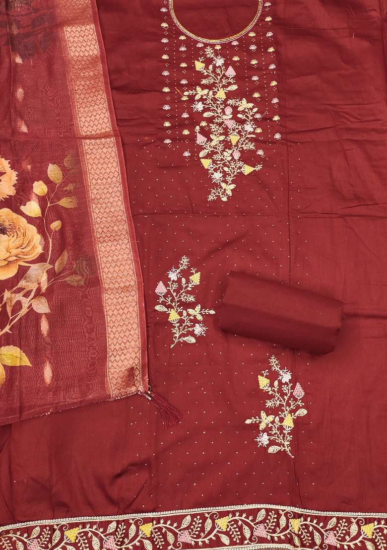 Maroon Embroidered Blended Straight Kurta Set - Indya