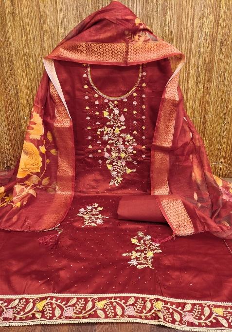 Maroon Embroidered Cotton Blend Dress Material