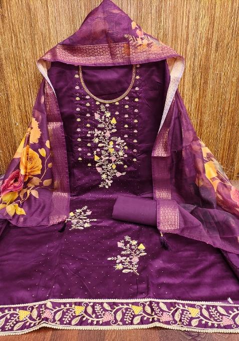 Purple Embroidered Blended Straight Kurta Set