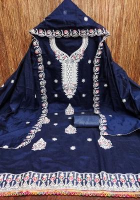 Blue Embroidered Cotton Blend Dress Material