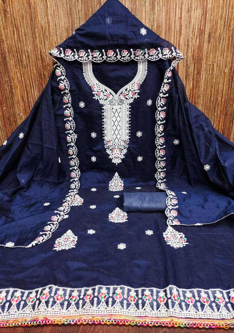 Blue Embroidered Blended Straight Kurta Set - Indya