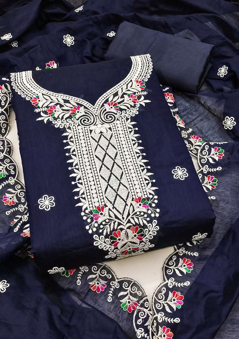 Blue Embroidered Blended Straight Kurta Set - Indya