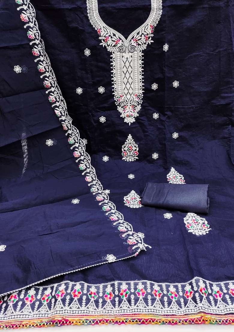 Blue Embroidered Blended Straight Kurta Set - Indya