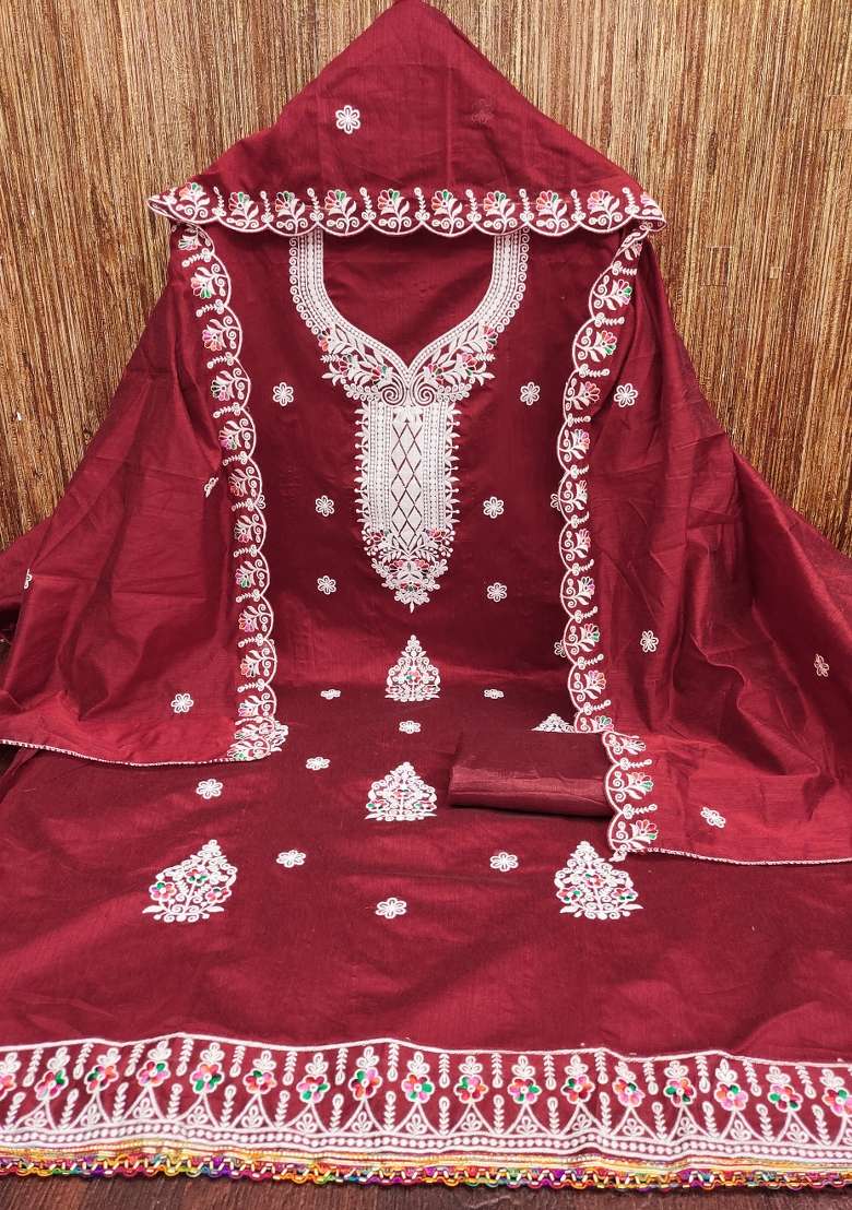 Maroon Embroidered Blended Straight Kurta Set - Indya