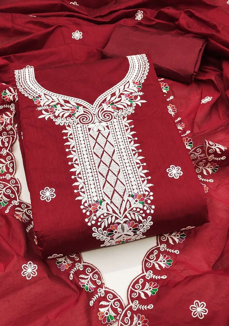 Maroon Embroidered Blended Straight Kurta Set - Indya